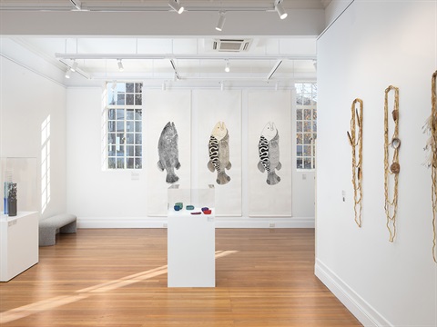 A photo looking into Kingston's gallery with different artworks on display: glass sculptures, colourful woven bowl shapes, large screenprints on fabric of fish, and river reed necklaces.