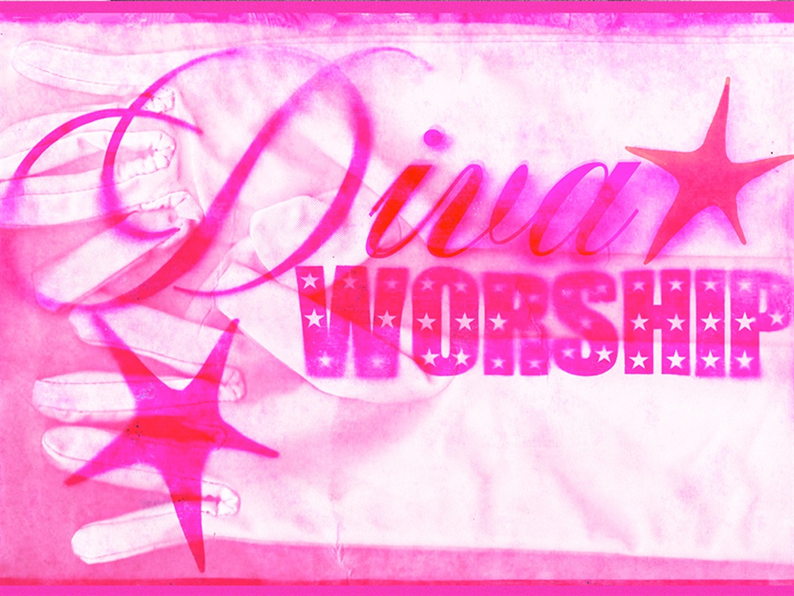 A bright pink image showing a scan of white gloves, with the words 'Diva WORSHIP' and stars over the top.