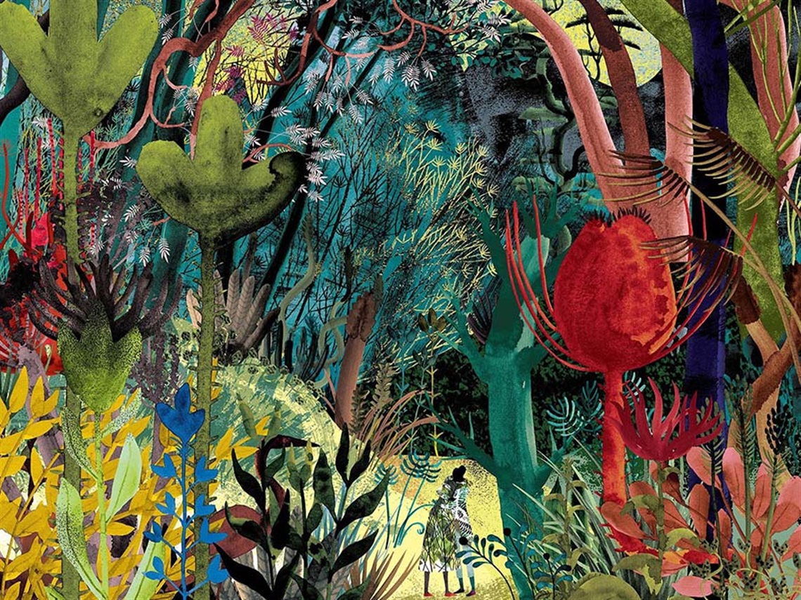 a colourful illustration of a woman and man in the centre of the foreground, surrounded by a large, colourful forest.