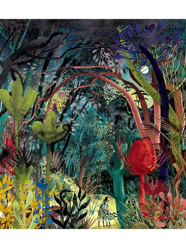 A richly forested scene in deep, saturated reds greens and blues, in which two small figures embrace in the foreground amid strangely proportioned plants. In the background the moon rises in a cool blue and yellow sky behind a distant mountain. The image features fine speckles, textures and details alongside bold, rounded plant shapes reminiscent of giant fruits and vegetables.
