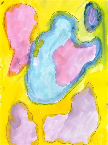 A photo of a colourful, abstract artwork made from watercolour and ink on paper. Featuring a yellow background with pink and blue shapes inside think black outlines.
