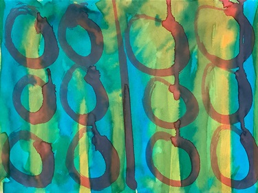 A colourful, abstract artwork featuring rows of red, circular forms painted on top of a background of painted vertical, stripes of blue and yellow that blend into green in-between. 