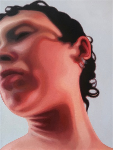 A realistic looking-painting depicting a close up and blurred image of the artist's face, looking to the left