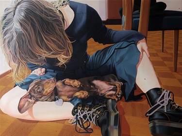 A realistic-looking painting of a woman looking at a small Dachshund in her lap, with her hair obscuring her face.