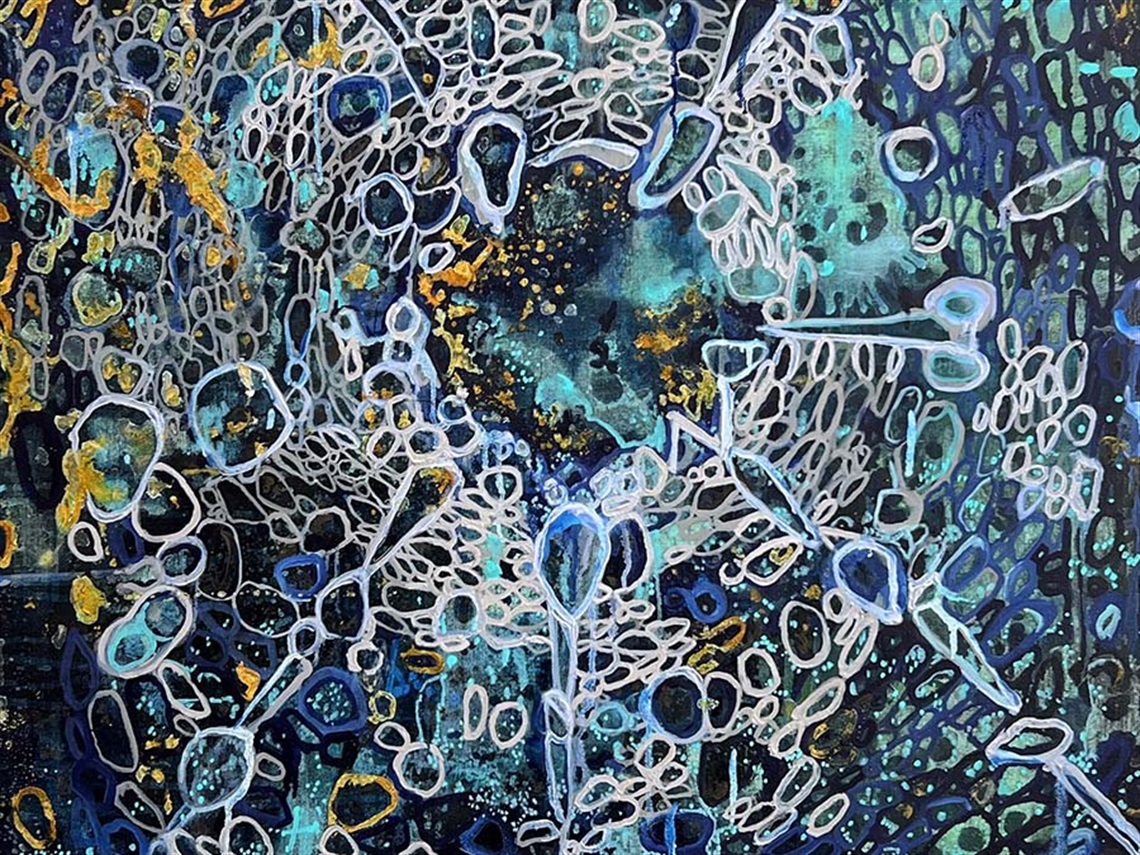 A photo of a painting of white and blue, circular forms in a concentric pattern, alongside metallic dots and marks on a black background with areas of light blue.