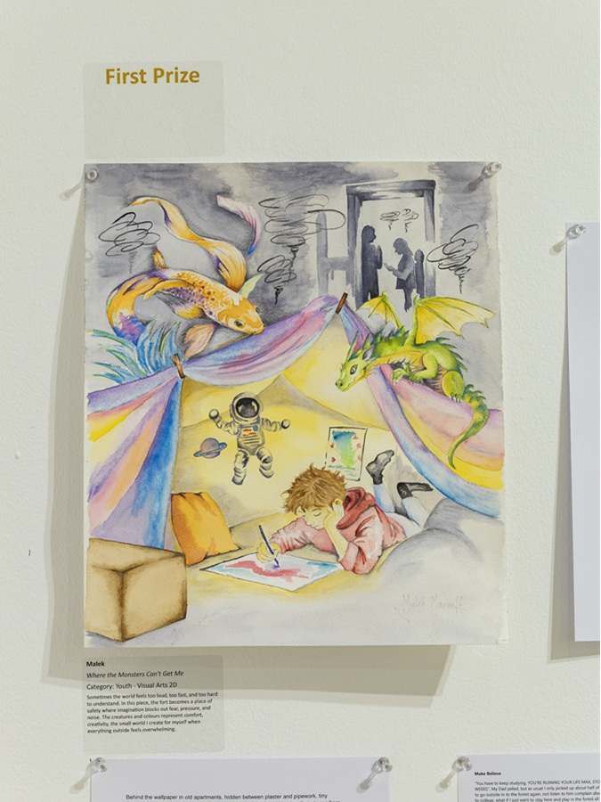 Colourful drawing of a child drawing in a tent surrounded by fantasy figures