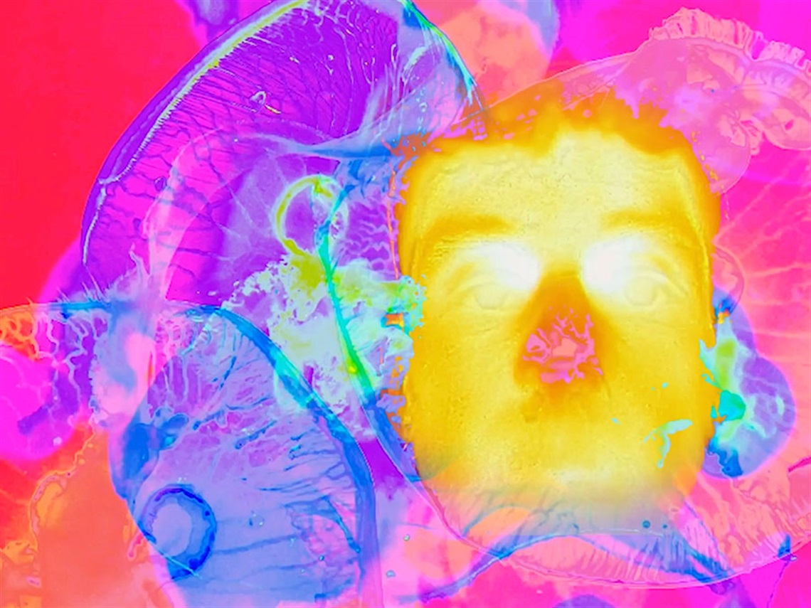 a multicoloured, digital image with highly saturated colours. A shining yellow face to right, surrounded by bright jellyfish-like images in blues, pinks and purples, on a red background.