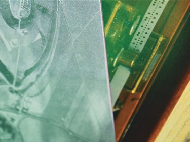 A digitally manipulated image blending close-ups of technology parts, with a yellow and green and yellow tinged colour overlay