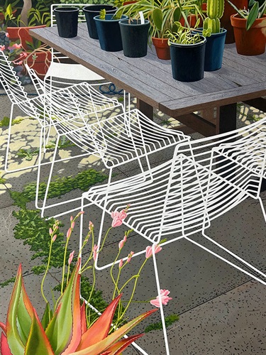 A realistic looking painting depicting a scene in a sunny courtyard, of pot plants on top of a wooden table, surrounded by white, wire chairs.
