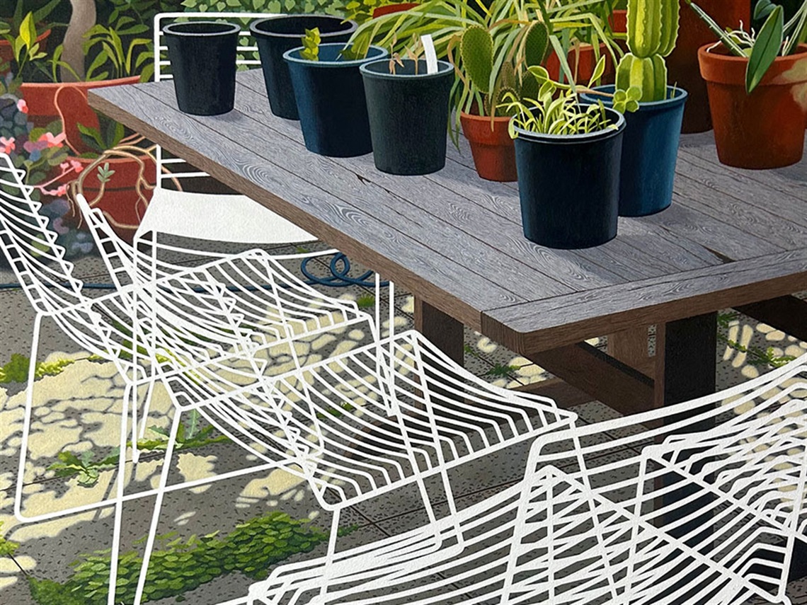 A realistic looking painting depicting a scene in a sunny courtyard, of pot plants on top of a wooden table, surrounded by white, wire chairs. 