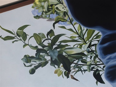 A realistic looking painting depicting a side view of green branches against a blue sky, and a black blurry shape to the right