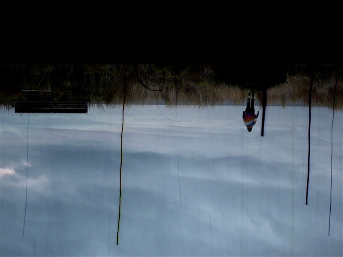 An upside-down video still of a person walking away from the camera, through grass, against a darkened sky