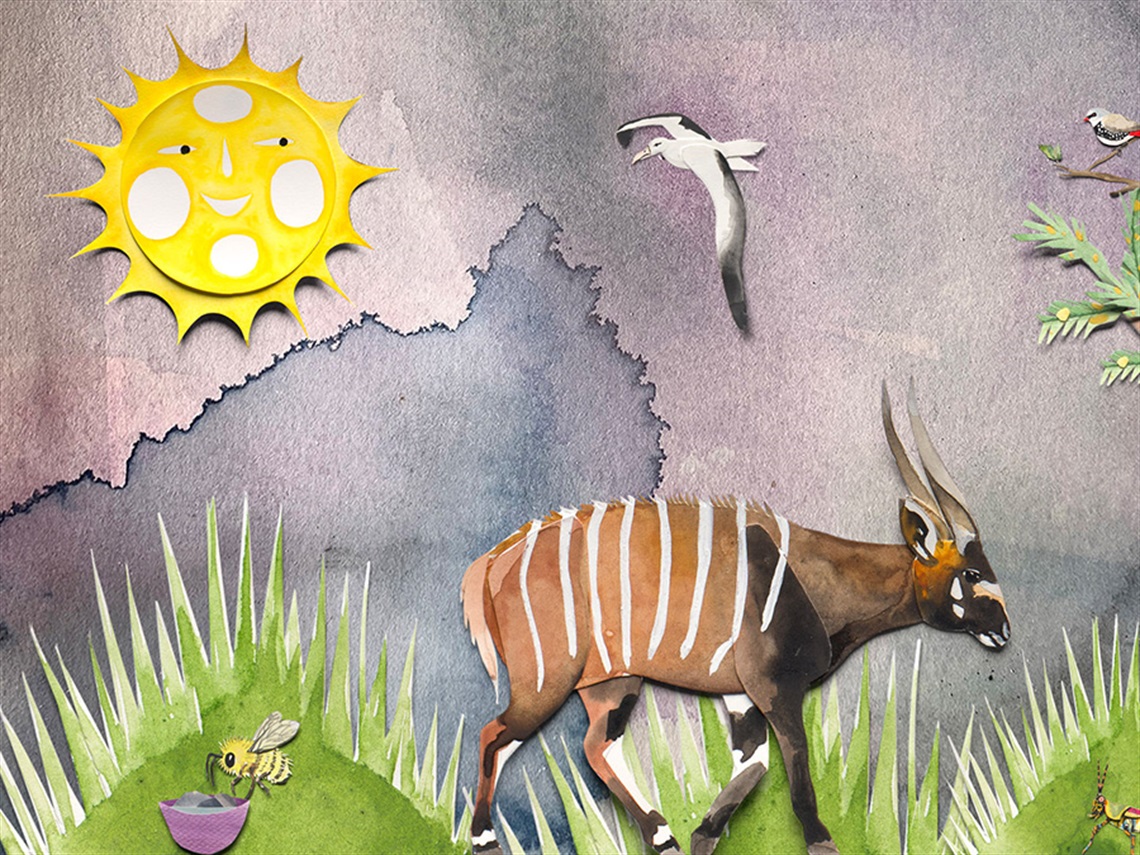 A photo of a colourful, watercolour scene, featuring paper cut-out animal, bird and insect, and a smiling sun in the sky