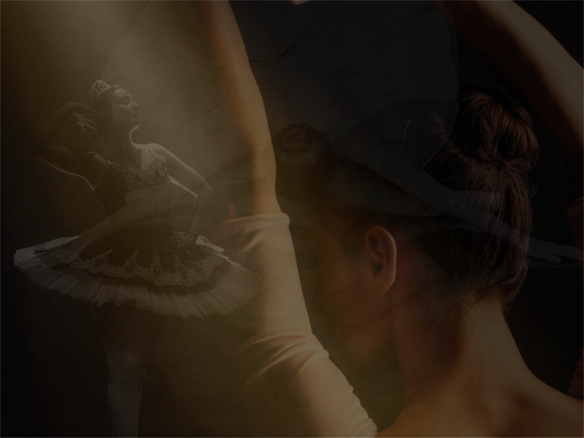 A softly lit, artistic composition featuring overlapping silhouettes of ballet dancers, blending a close-up figure with a more distant dancer in a tutu.