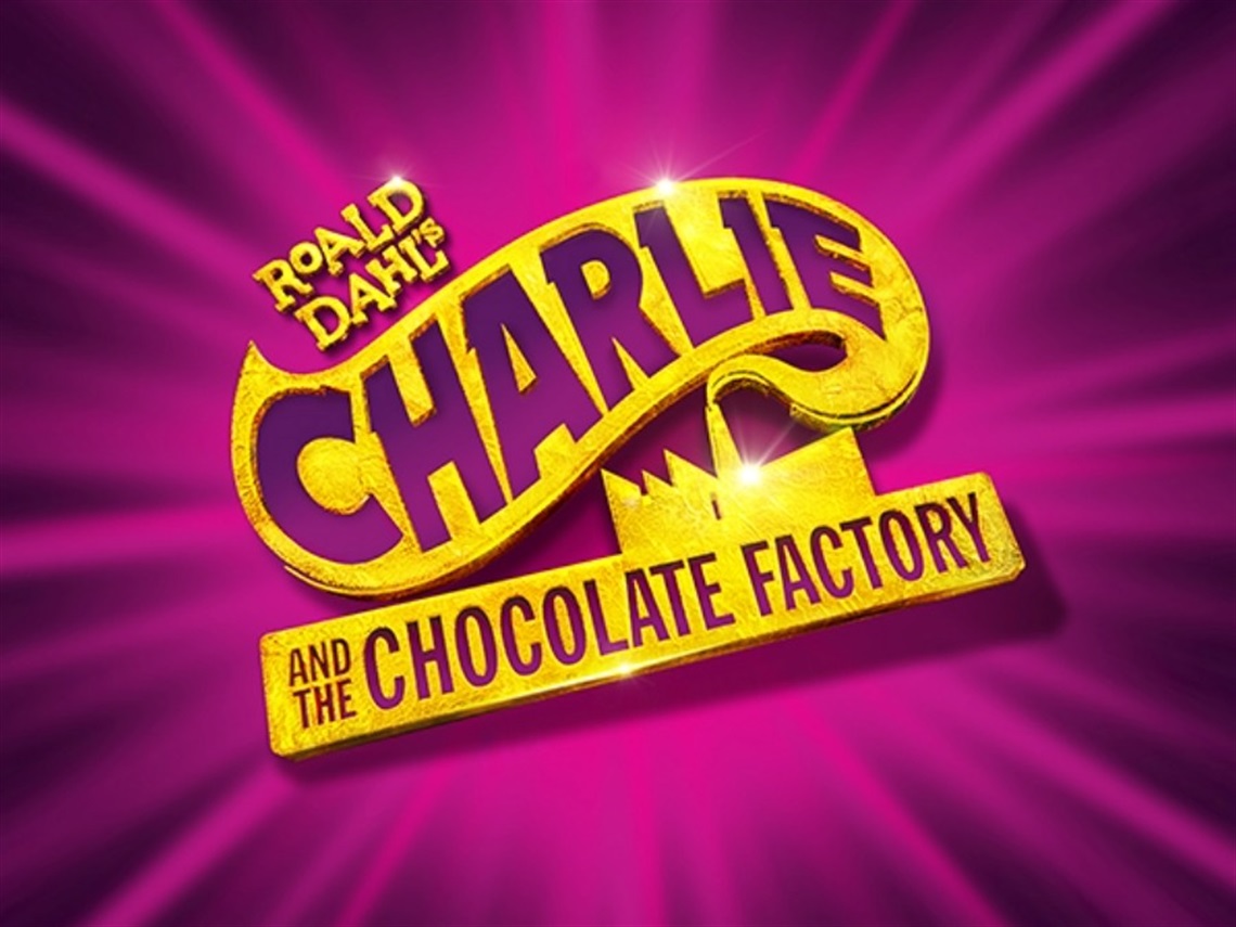 Charlie and the chocolate factory logo with a purple background