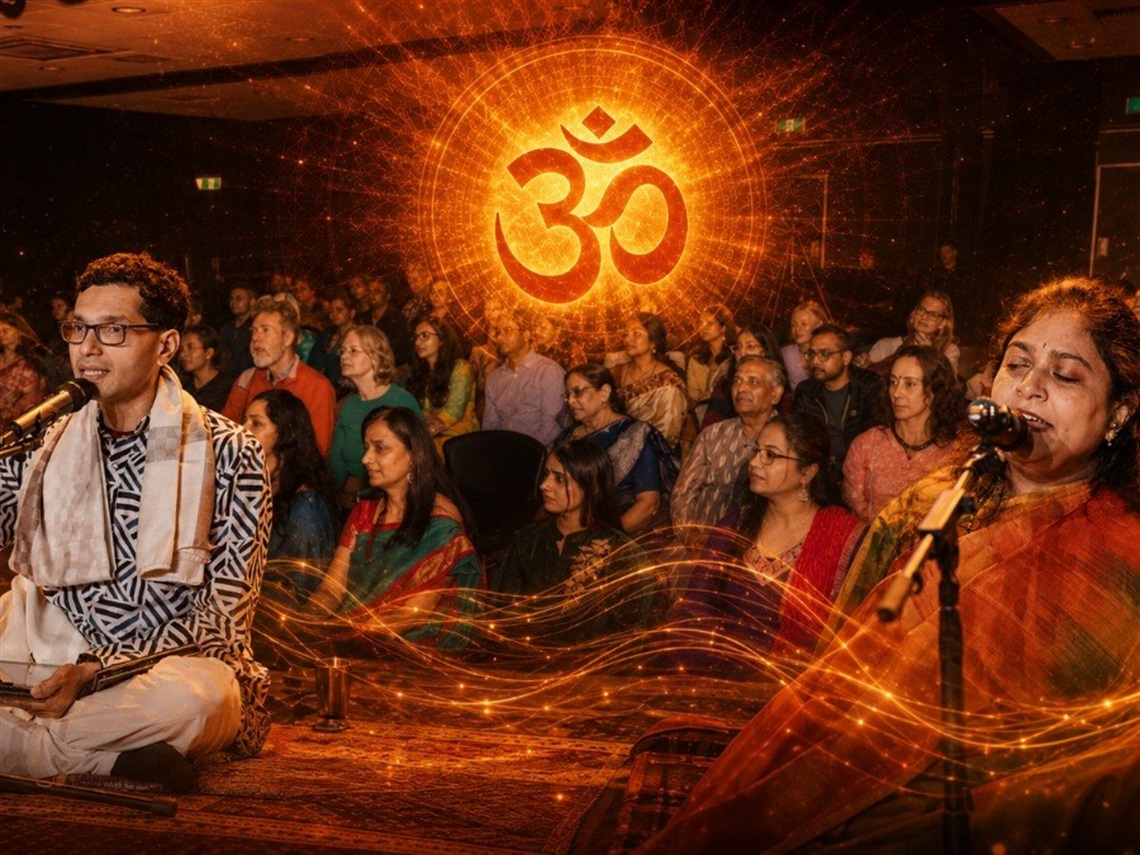 People gathered at a spiritual music event, with performers singing into microphones and a glowing symbol displayed above the audience.