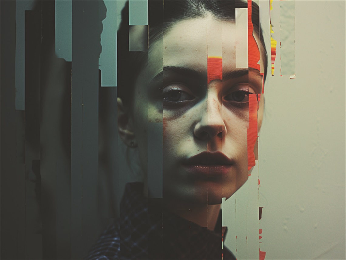 A sombre woman's face artistically painted in contrasting colours.