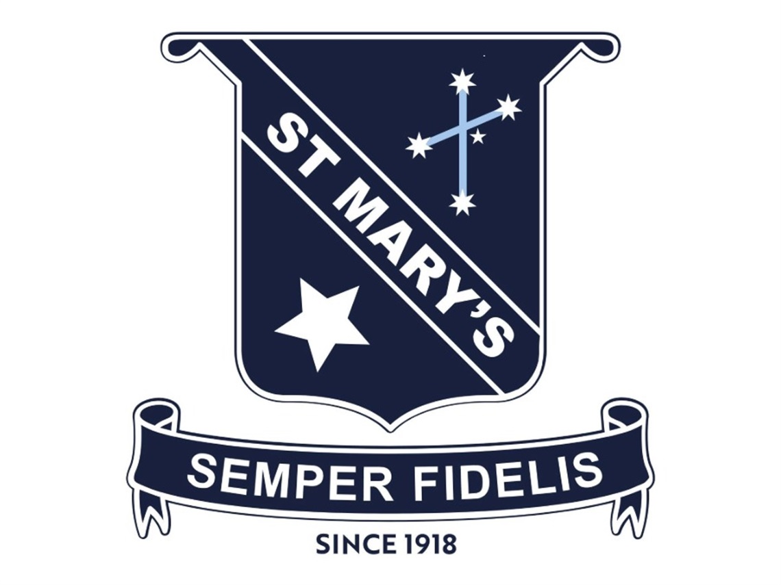 St Mary's Primary School (Malvern East) logo, featuring a navy-blue shield with the words “ST MARY’S”, and a ribbon displaying the motto “SEMPER FIDELIS” 