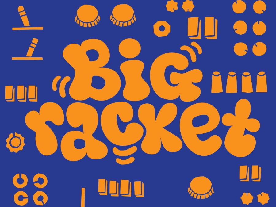 A blue background logo with orange text and button symbols saying Big Racket