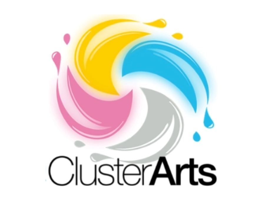 A logo with Cluster Arts text and grey, pink, blue and yellow swirls of colours.