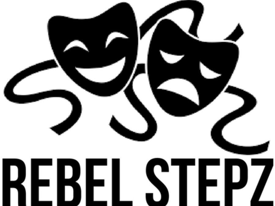 A logo with two theatre masks and text saying Rebel Stepz.