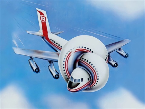 An illustration of a white airplane with the body of the airplane twisted in a knot
