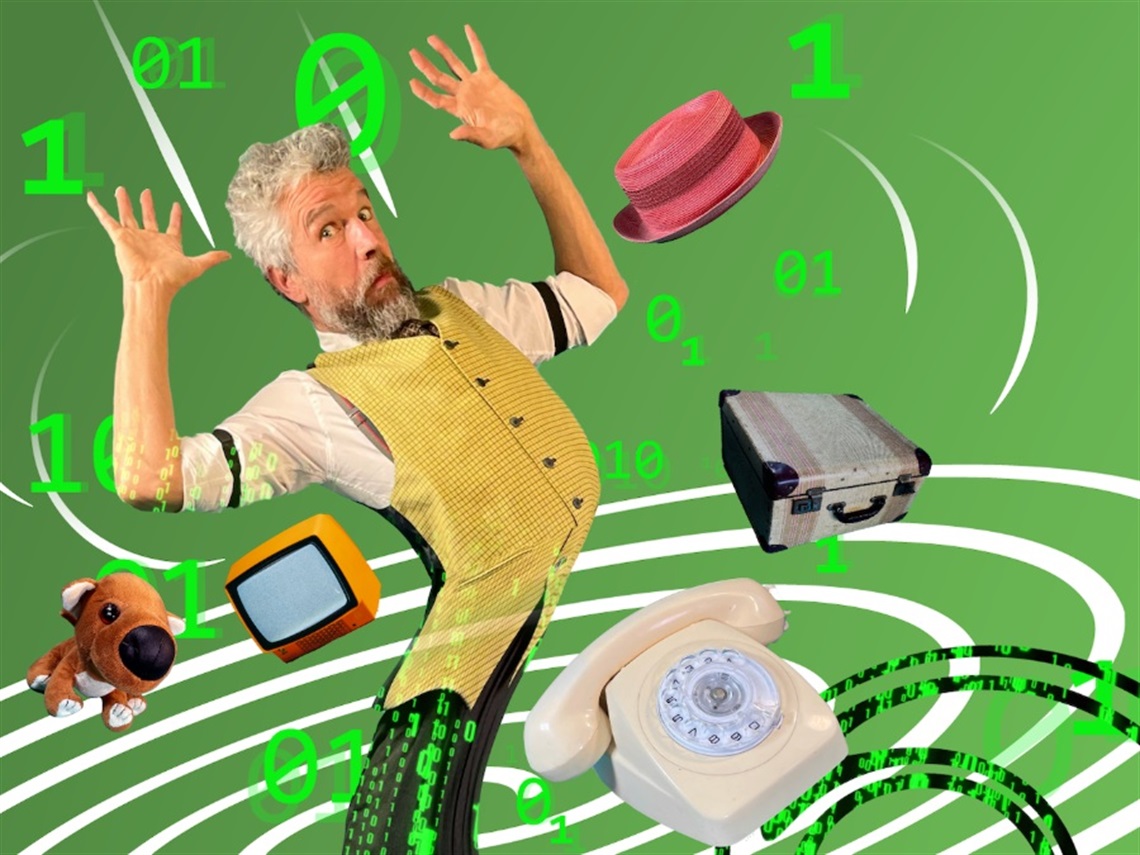 A man with his hands in the air in front of a green background with neon numbers, a computer, telephone and hat surrounding him.
