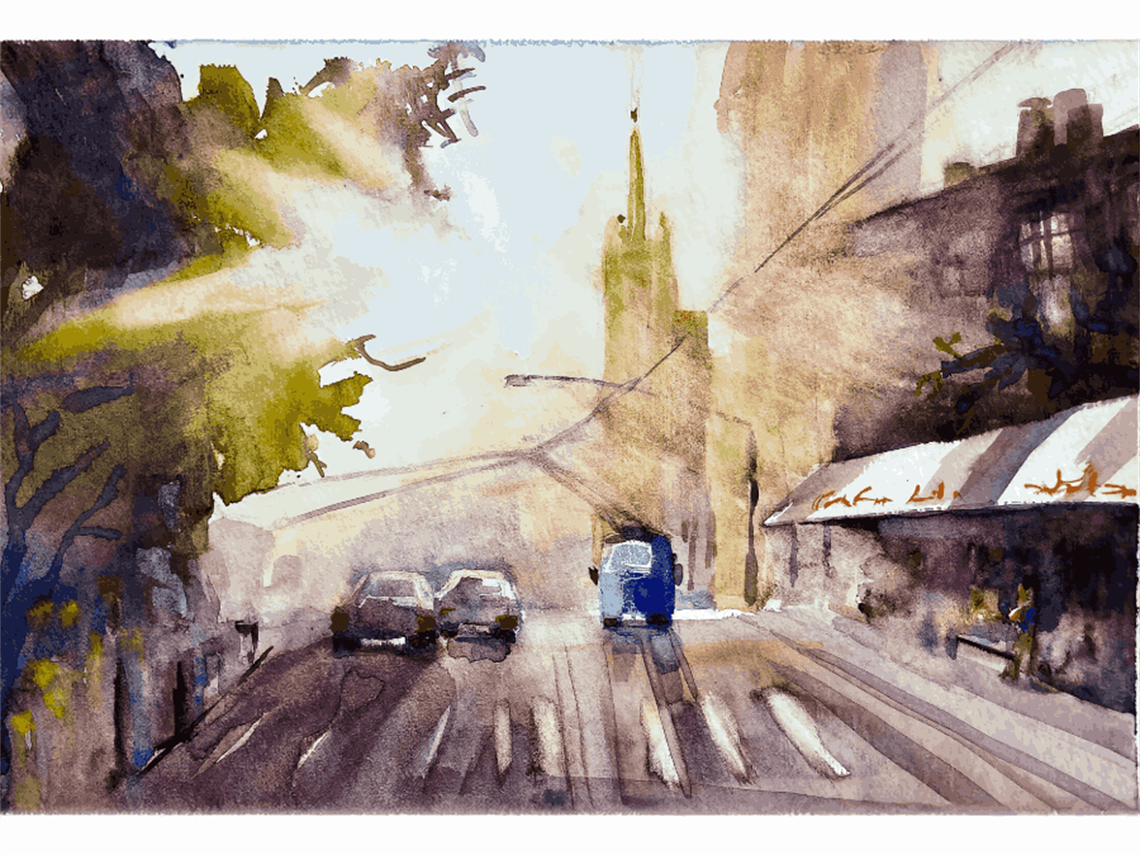 Watercolour painting capturing a city street during the day with a cafe, blue tram, parked cars and buildings in the background