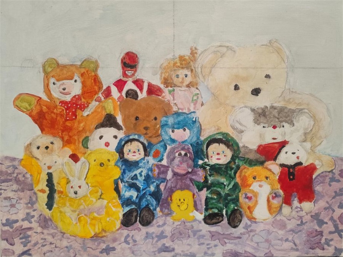A painting of a group of assorted colourful toys including teddy bears and dolls
