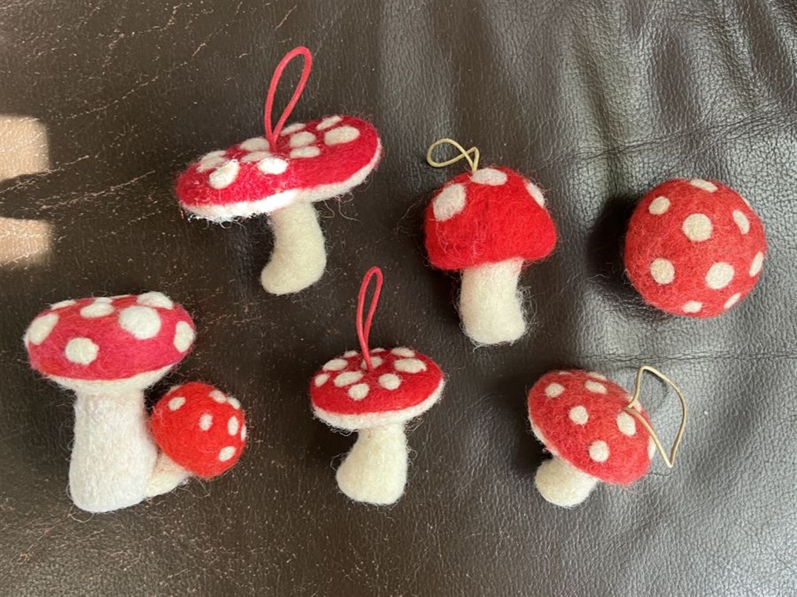 A bunch of felted cream mushroom with red and cream spotted tops against a dark fabric background