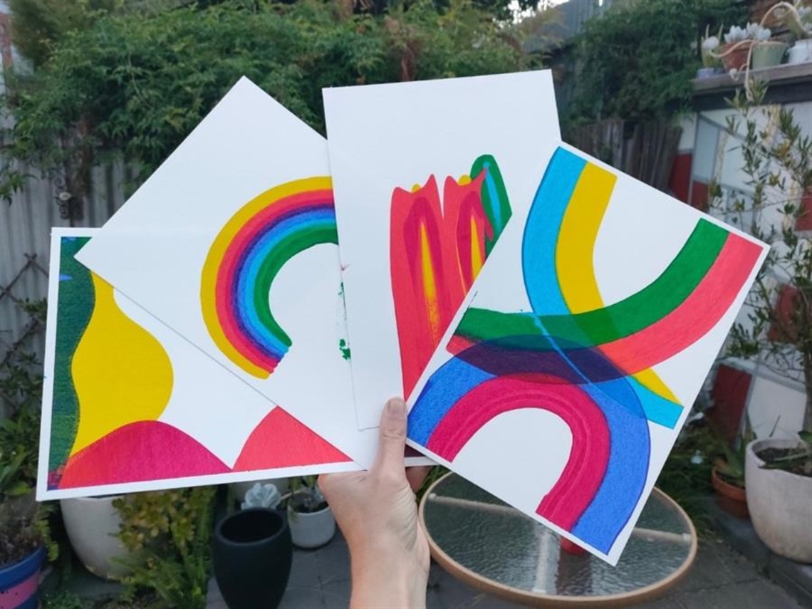 Four colourful gematric gouache paintings in hand