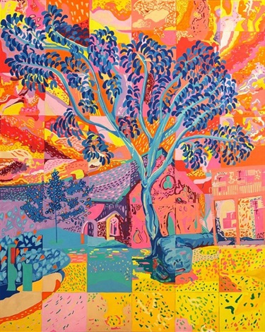 Artwork of colourful abstracted landscape with large tree and convent building in the background