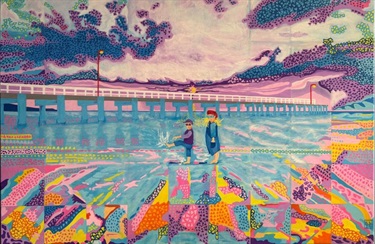 Artwork of colourful abstracted waterscape featuring two clothed figures in shallow water and long bridge in the background