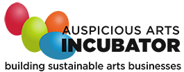 Logo featuring coloured egg shapes objects and containing the words - Auspicious Arts Incubator building sustainable arts businesses