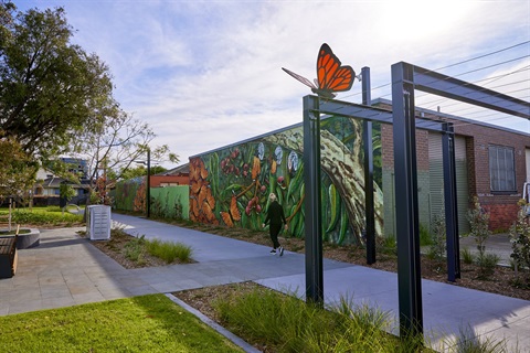 Mural and sculpture of butterflies at Horscroft Place 