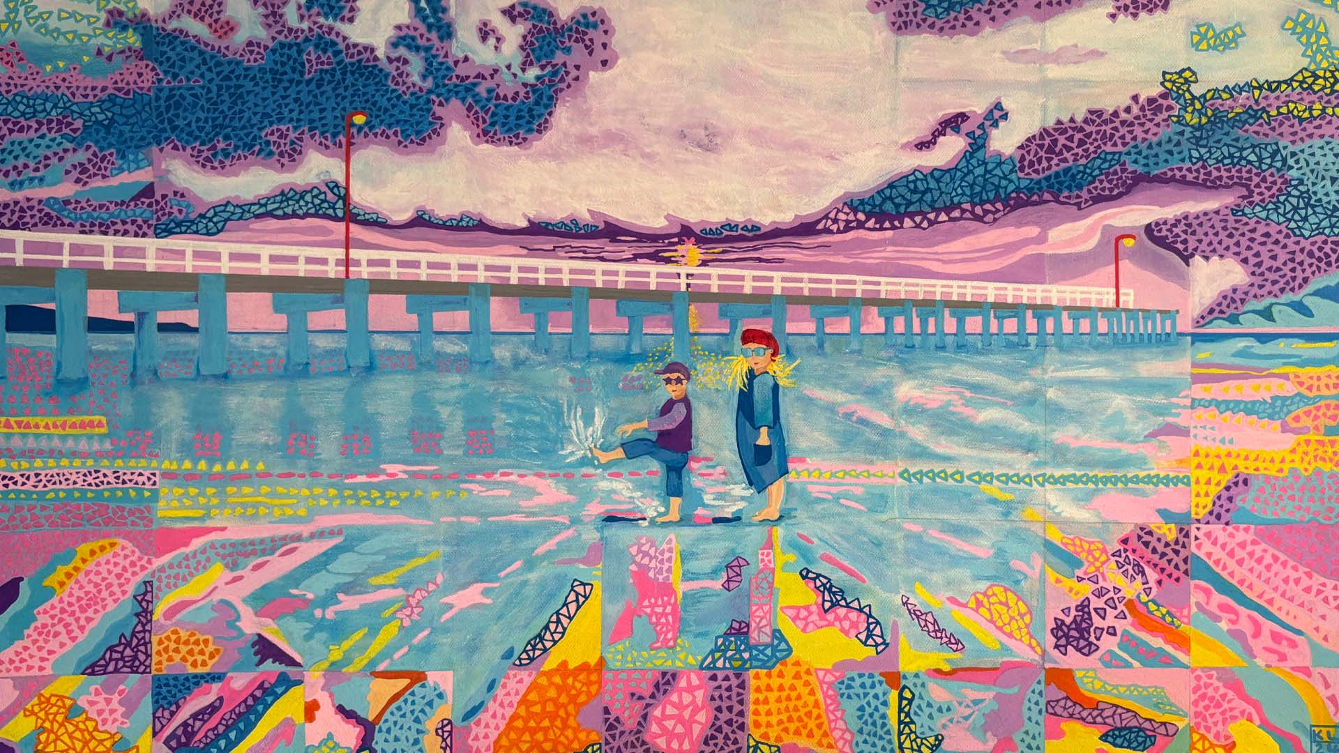 A painting by Kerry Liang depicting two people standing on a beach with bridge and clouds in background.