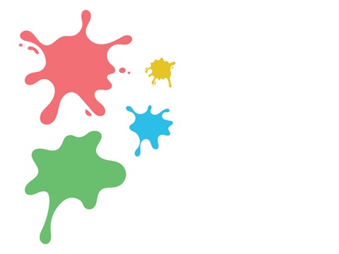 Four paint splashes against a white background. The splashes vary in size and are coloured pink, green, yellow and blue.